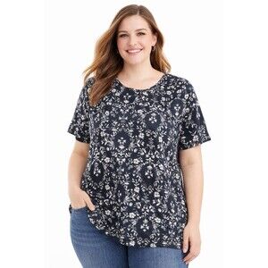 Croft & Barrow Womens Plus Size 1X Black White Floral Classic Tee Top